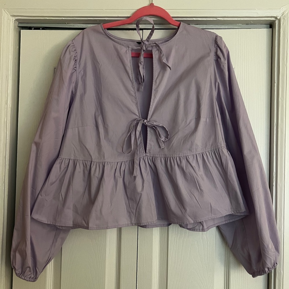 Lavender Long Sleeve Tie Peplum Top